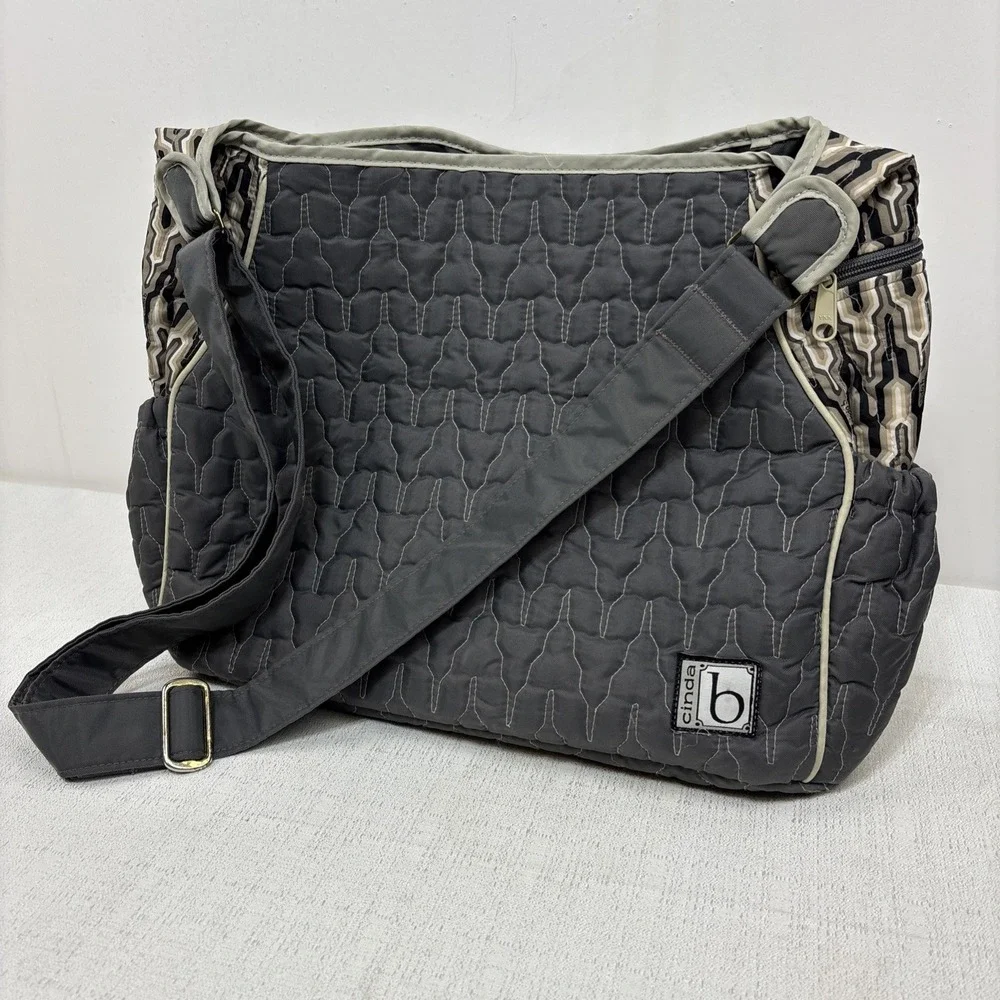 Cinda B Tote Bag Diaper Shoulder Bag Gray Quilted Adjustable Strap Snap Close‎